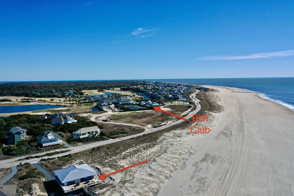 A panoramic view towards the BHI Club, beachfront, and neighborhood homes, capturing the proximity to island amenities and the active social lifestyle. The club and beach setting offer context for group activities beyond the property itself.