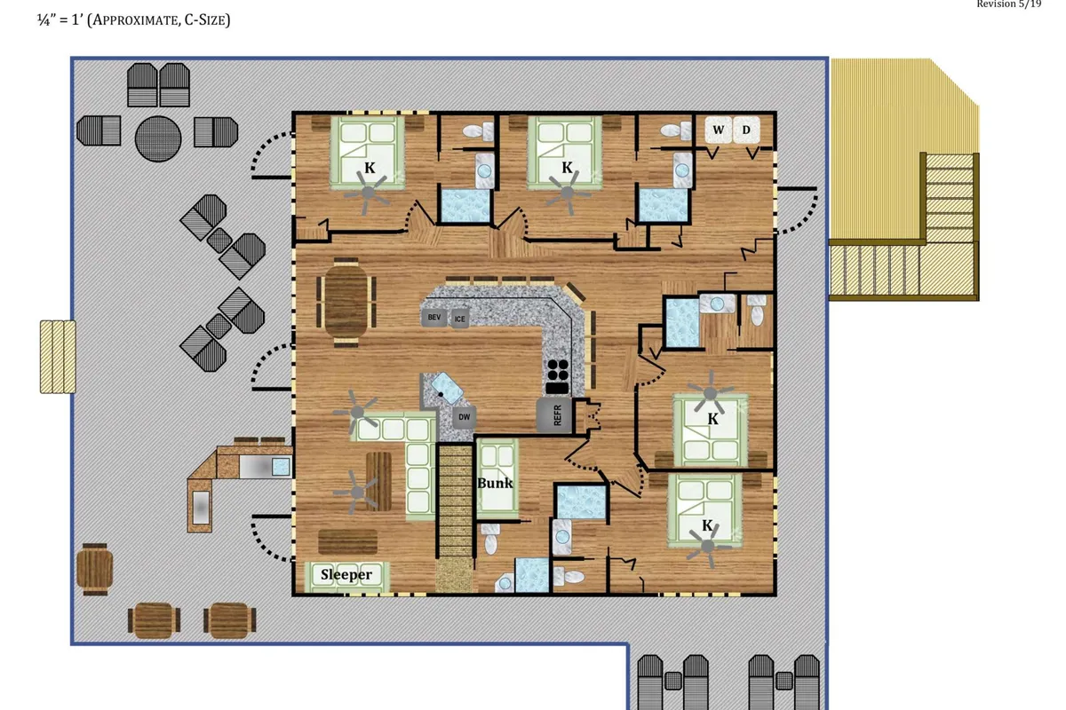 A communal interior space that combines a kitchen, dining area, and a bunk-bed sleepover area. The space is casual, welcoming, and clearly designed for families and groups to gather, eat, and relax together.